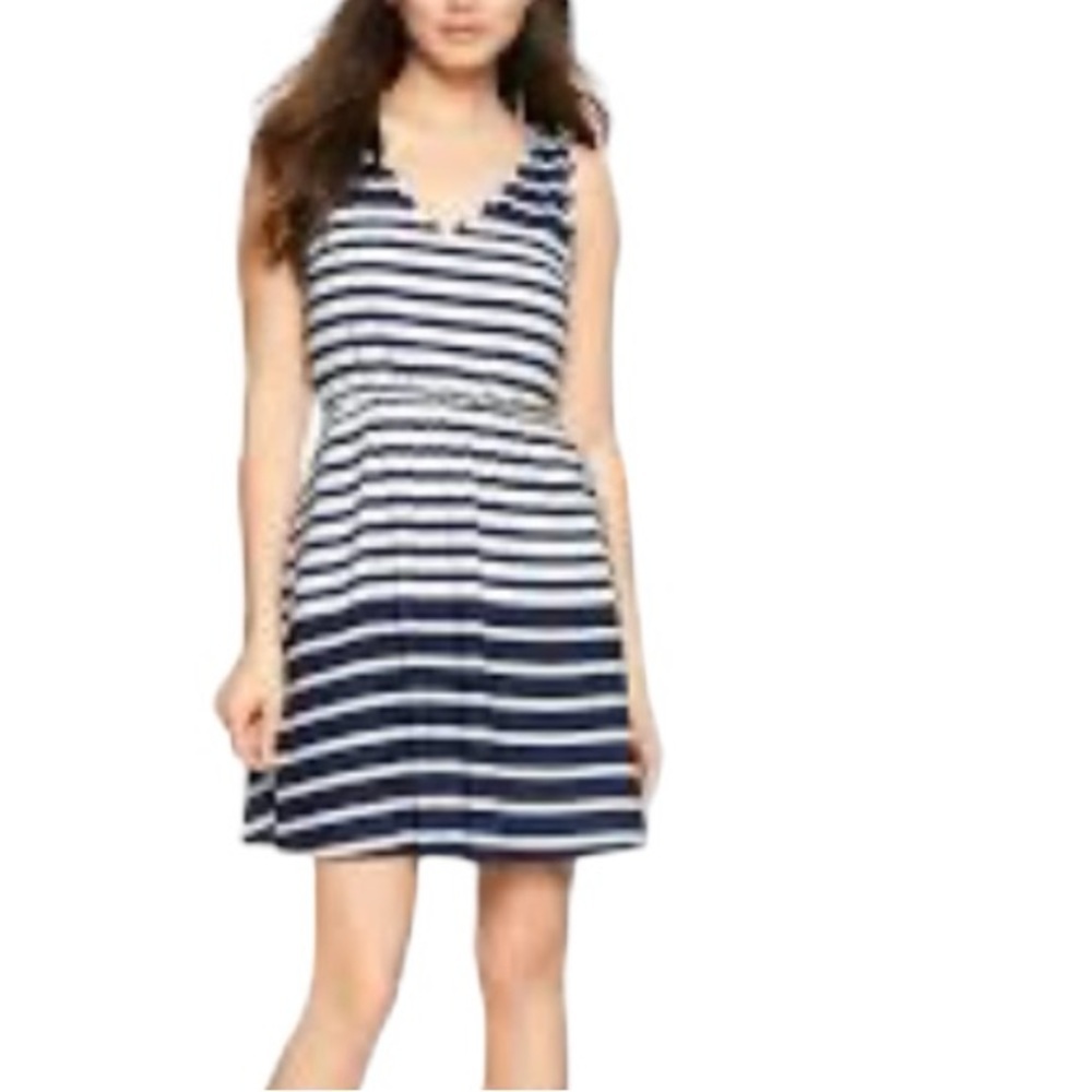 Gap Dress Nautical Blue White Stripes Sleeveless Midi Flare V-Neck Coastal XL